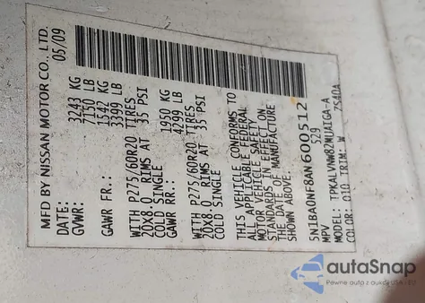 2010 Nissan Armada Platinum z USA, uszkodzony, nr VIN 5N1BA0NF8AN600512